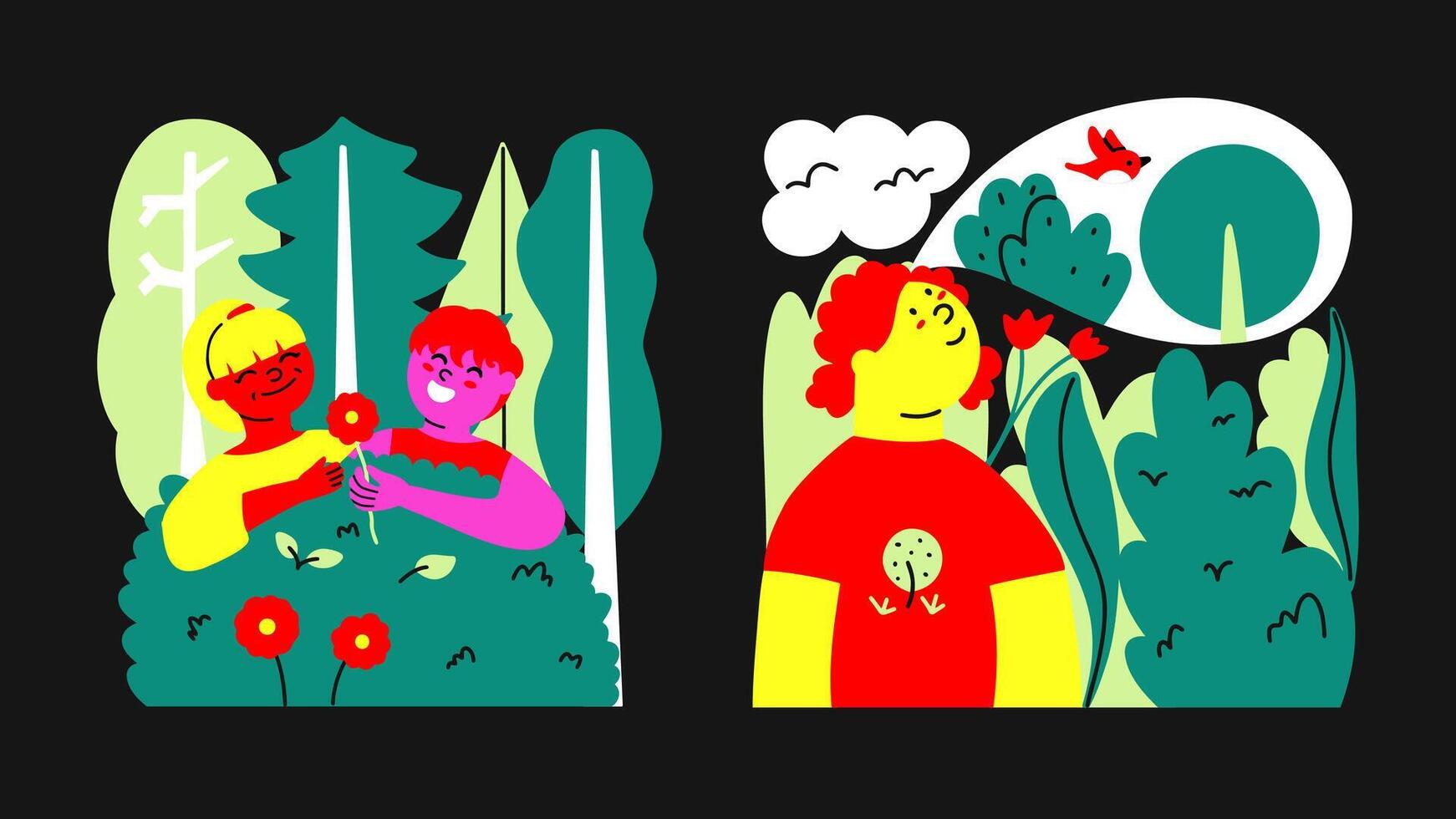 Children spending time in nature. Conceptual illustration about well-being influence of environment on mental health of child. flat design vector