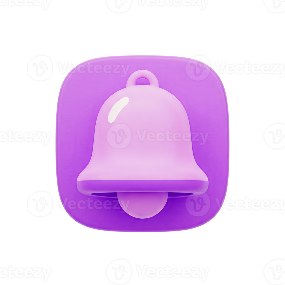 Purple 3 D Bell Notification Icon Square Button isolated on a transparent background png