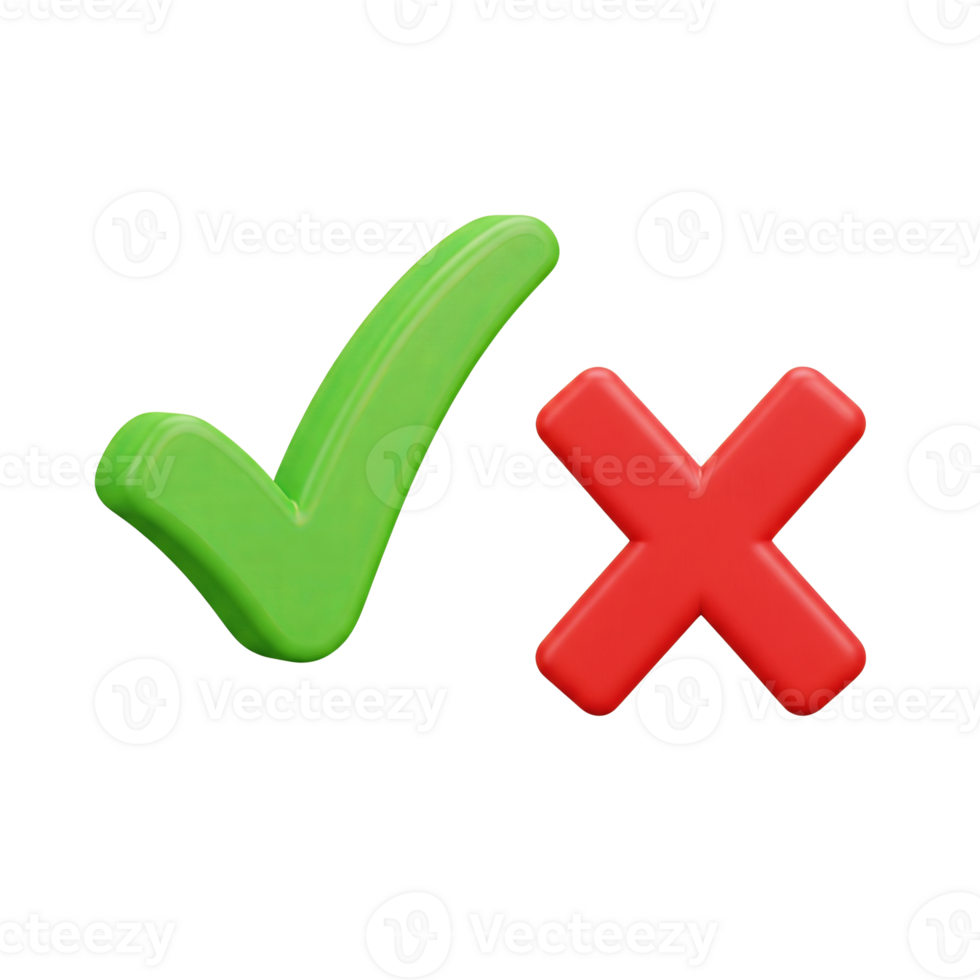 Green Checkmark Red X 3D Icons isolated on a transparent background cross png