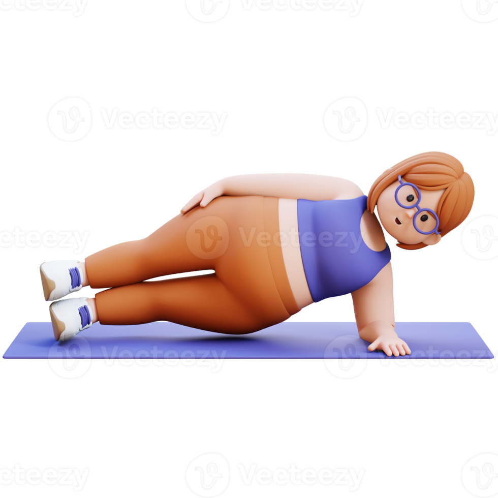 3D Plus Size Overweight woman Doing Side Plank Exercise on Mat png