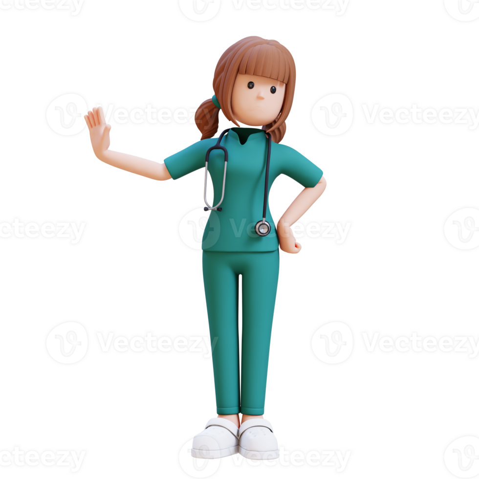 3D medical nurse doctor character in a white lab coat refusing with stopping gesture png
