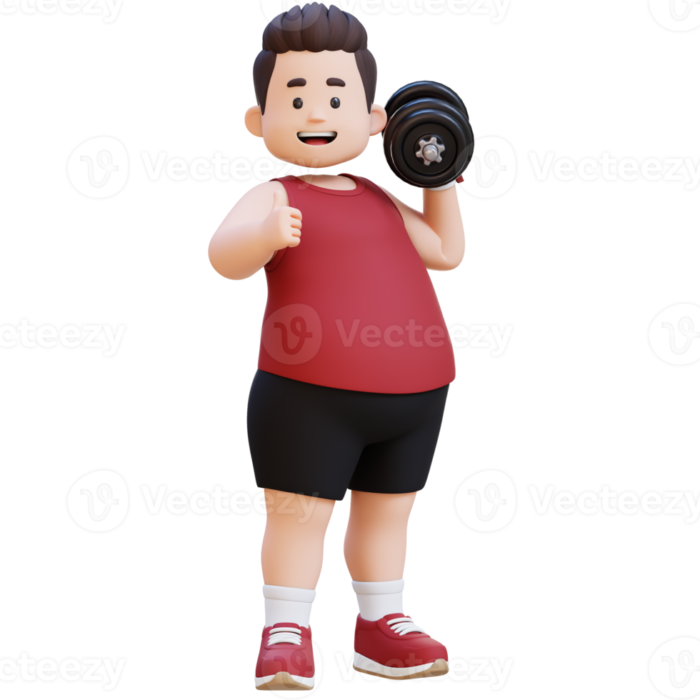 3D Plus Size Overweight Man with Dumbbells giving thumbs up png