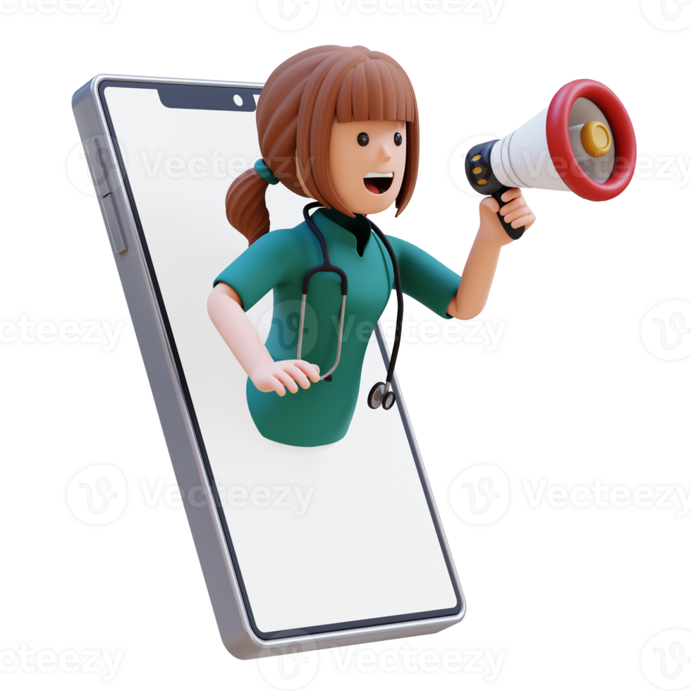 3D medical nurse doctor character is holding a megaphone and is speaking into it png