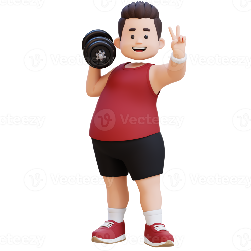 3D Plus Size Overweight Man with Dumbbells giving peace sign png