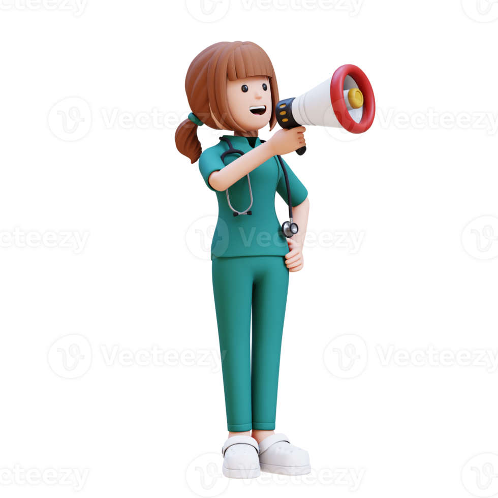 3D medical nurse doctor character in a white lab coat shouting with a megaphone png