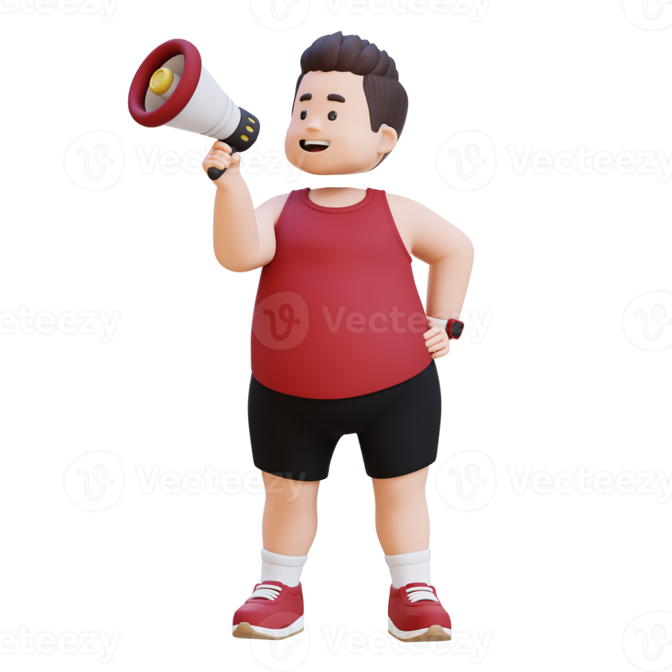 3D plus size overweight man give announcement with megaphone png