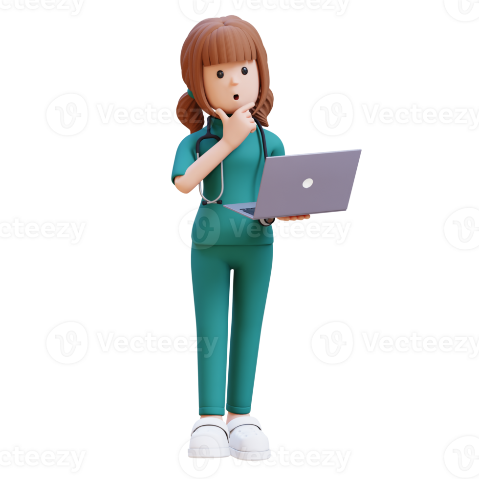 3D medical nurse doctor character is holding a laptop computer and thinking png