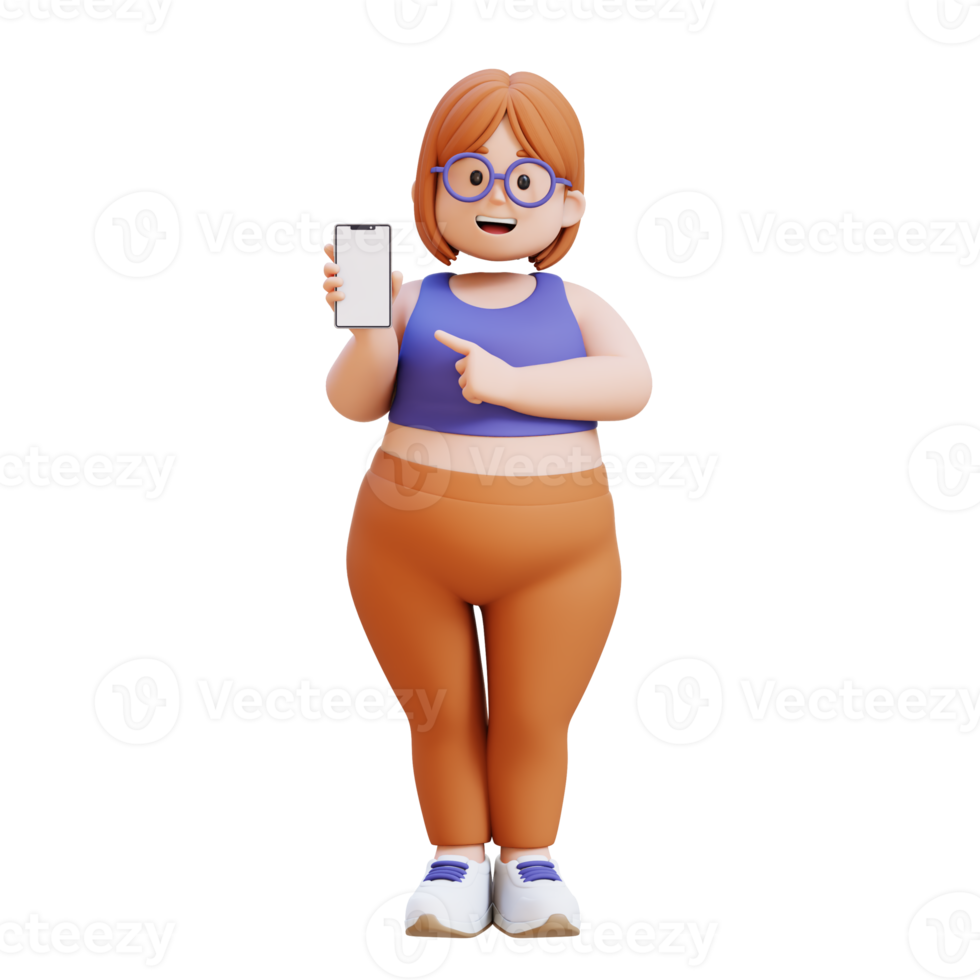 3D plus size overweight woman pointing to smartphone png