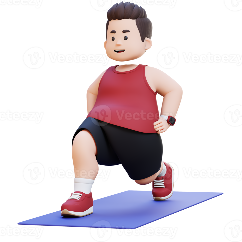 3D Plus Size Overweight Man Dynamic Lunges Exercise on Yoga Mat png