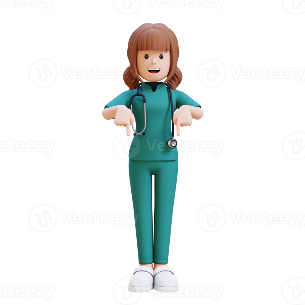 3D medical nurse doctor character in a white lab coat pointing to bottom png
