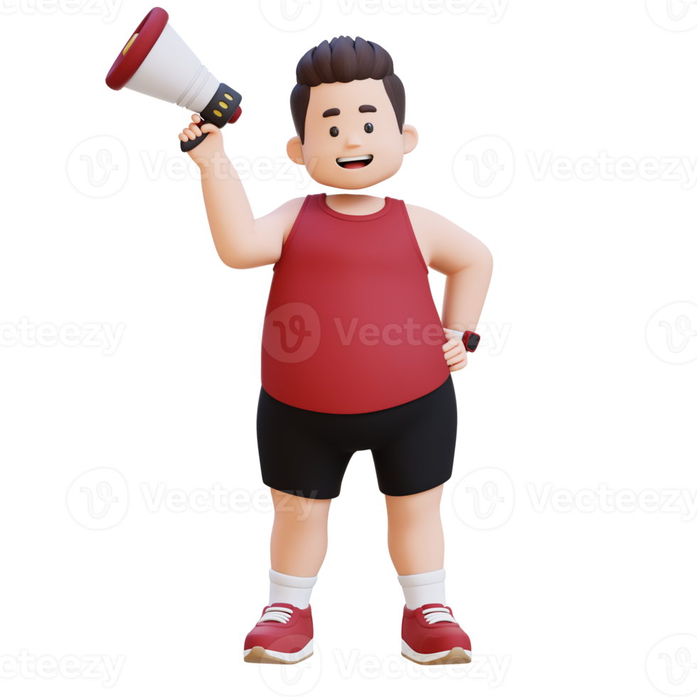 3D Cartoon of a Happy Chubby Man Announcing with Megaphone png