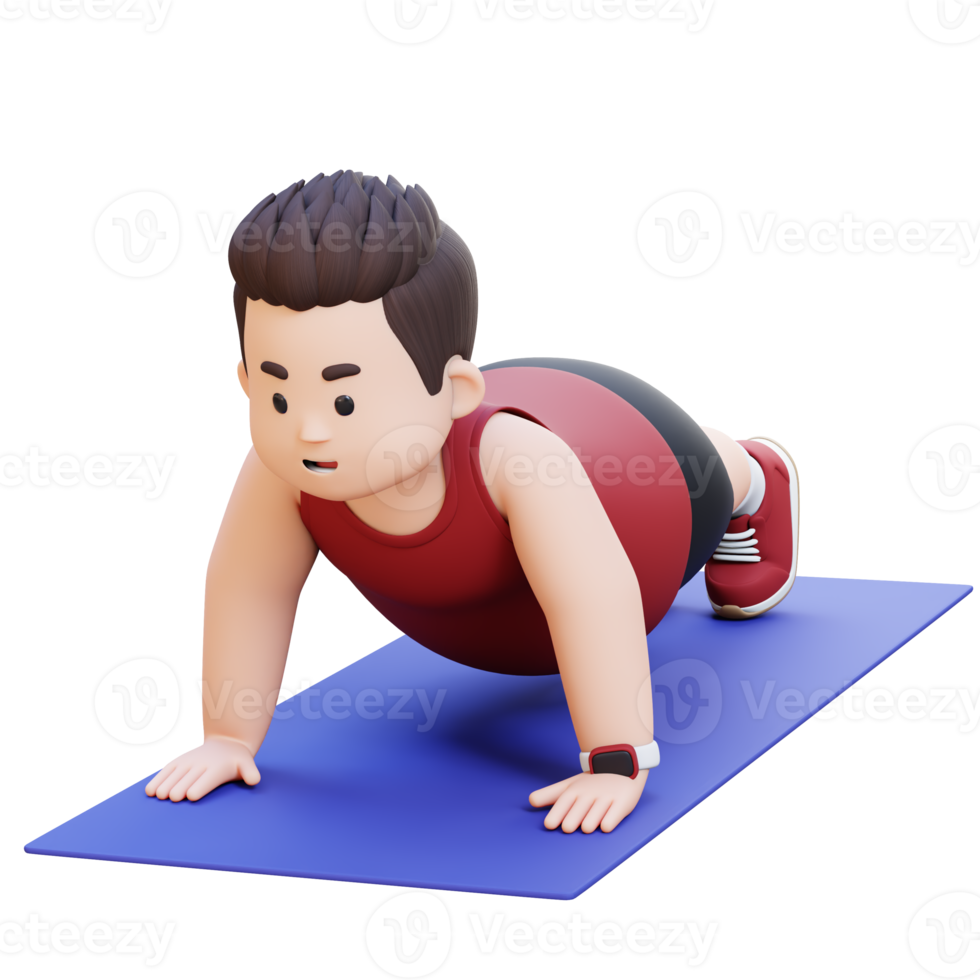 3D Plus Size Overweight Man Doing Push Ups on a Mat png
