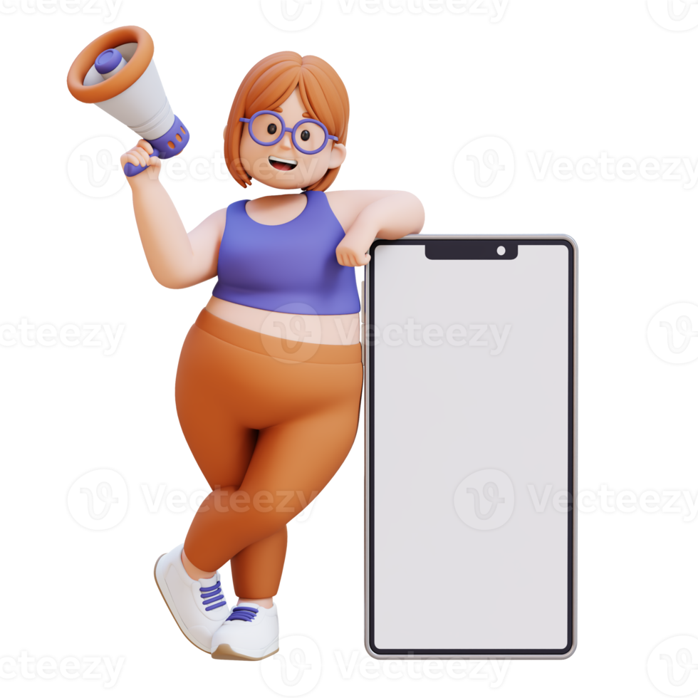 3D plus size overweight woman with megaphone and smartphone png