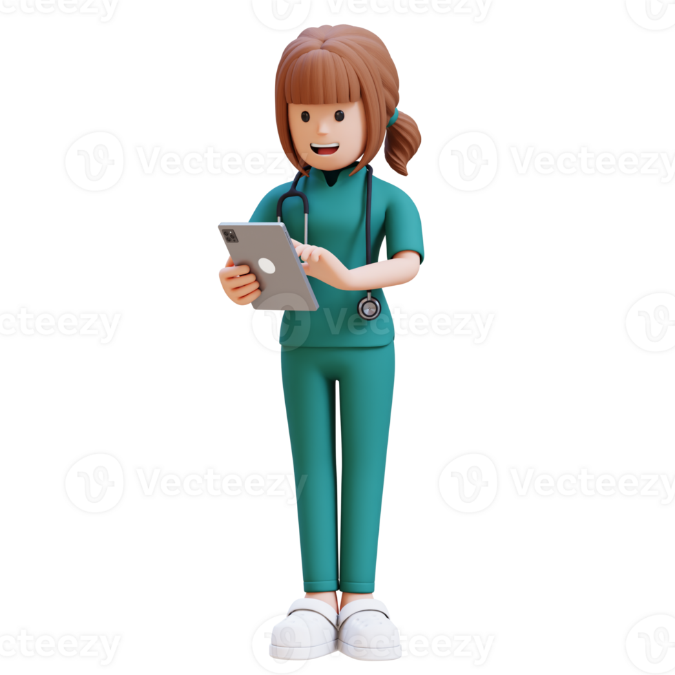 3D medical nurse doctor character is working on a tablet and smiling png