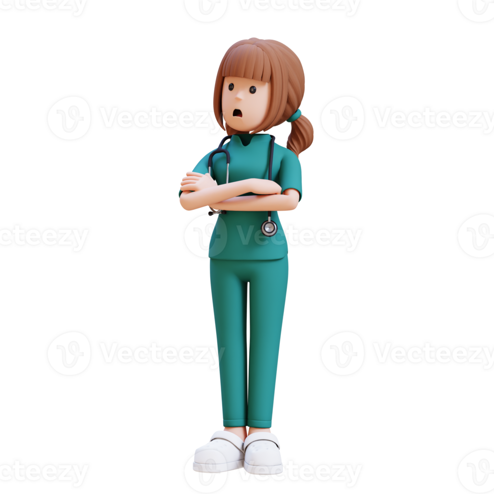3D medical nurse doctor character in a white lab coat is mad with her arms crossed png