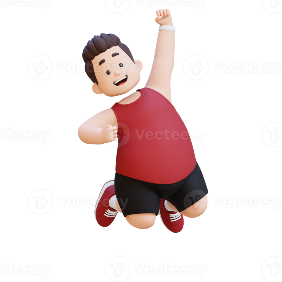 3D plus size overweight man in sportswear jumping with excitement png