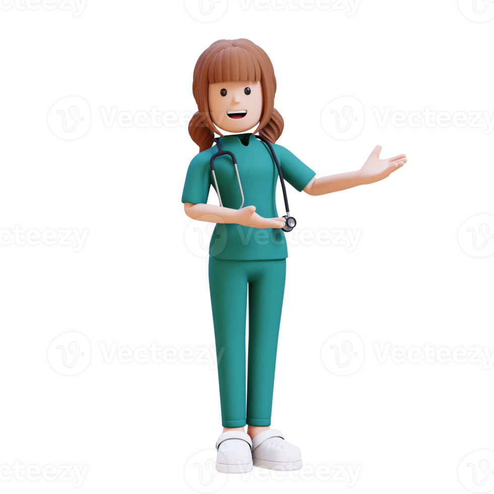 3D medical nurse doctor character in a white lab coat is presenting to the left png