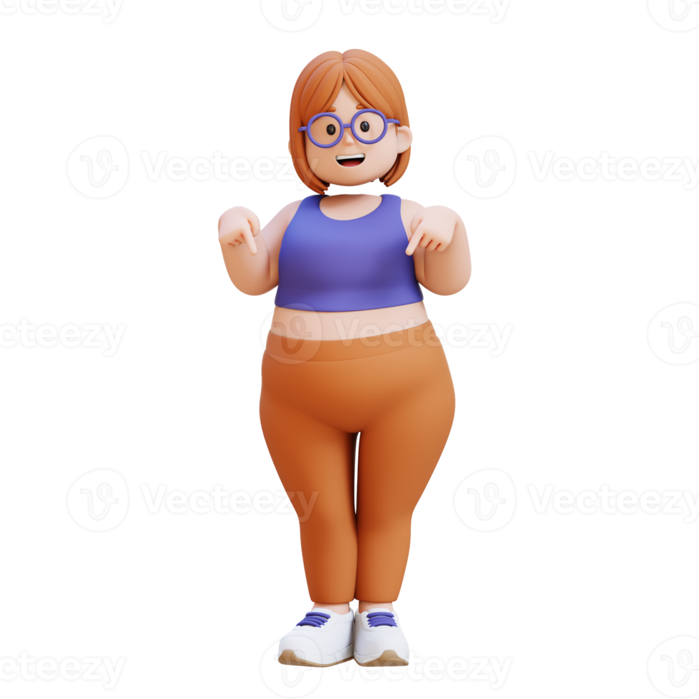 3D plus size overweight woman pointing to bottom png