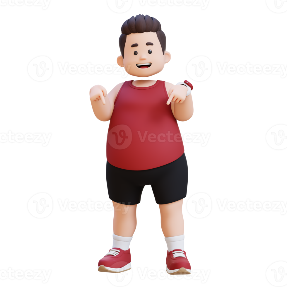3D plus size overweight man pointing to bottom png
