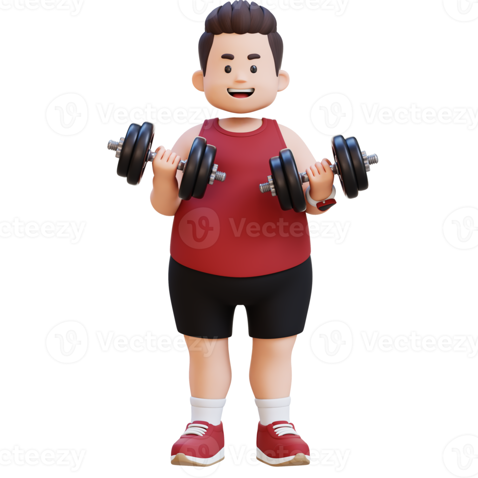3D Plus Size Overweight Man bicep Exercising with Dumbbells png