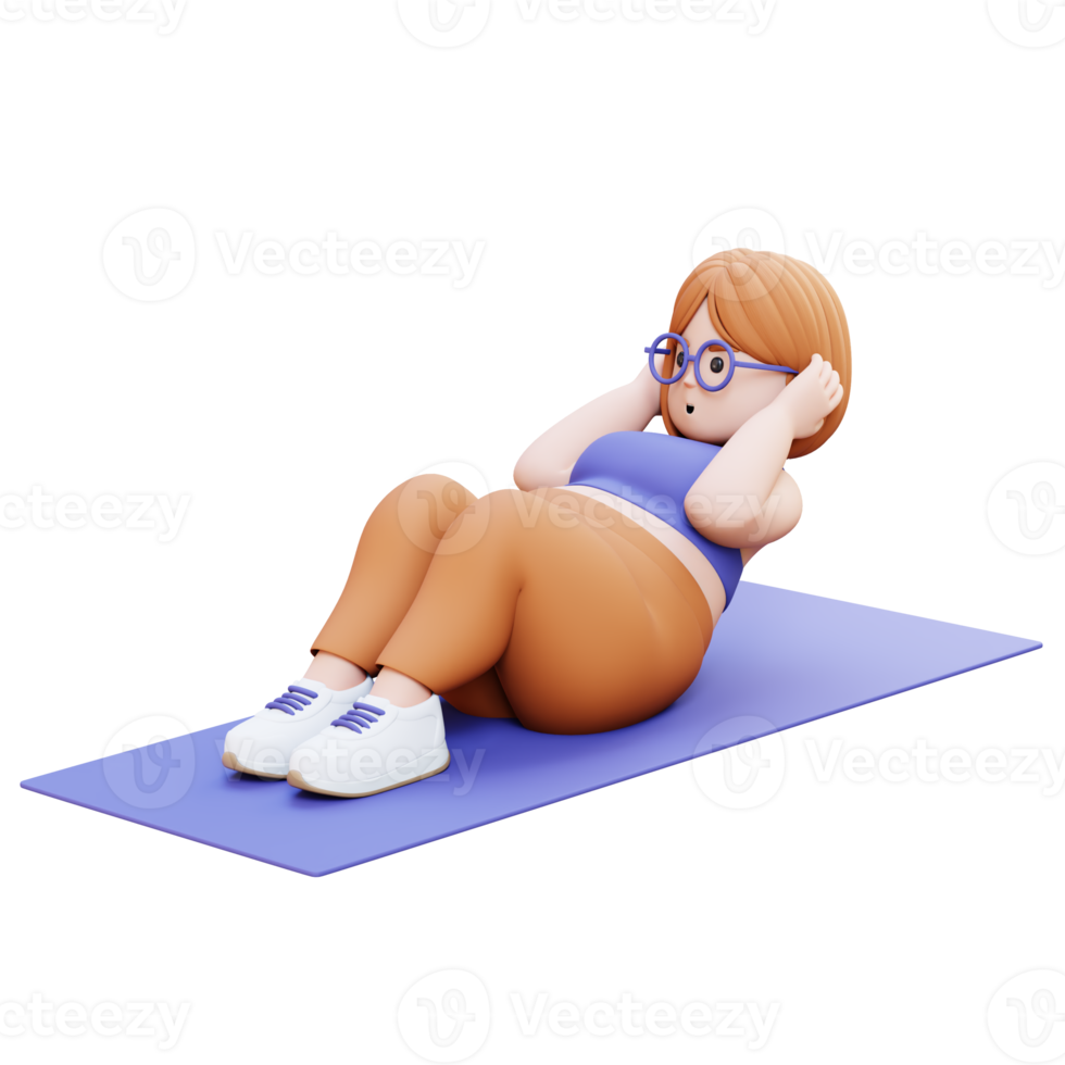 3D Plus Size Overweight woman Doing Sit Ups on a Mat png