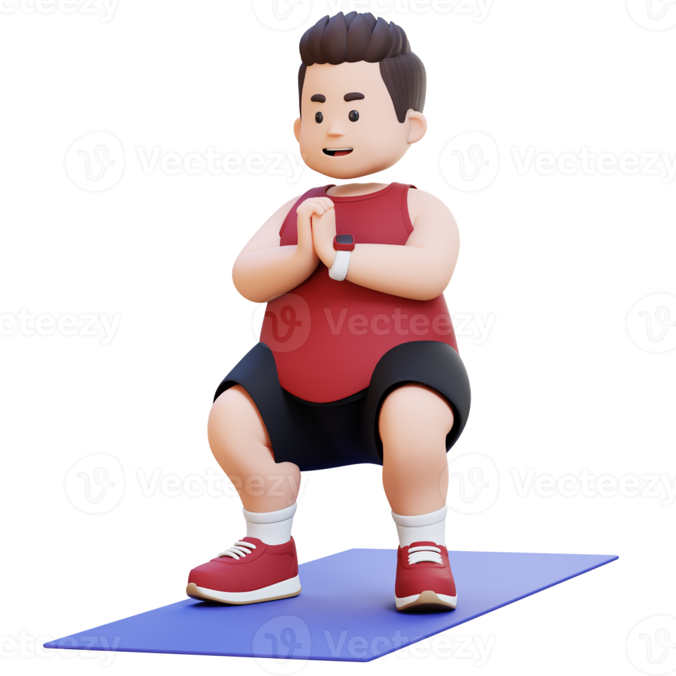 3D Plus Size Overweight Man Doing Squats on a Yoga Mat png
