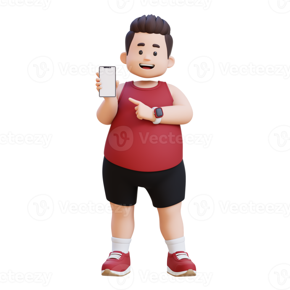 3D plus size overweight man pointing to smartphone png
