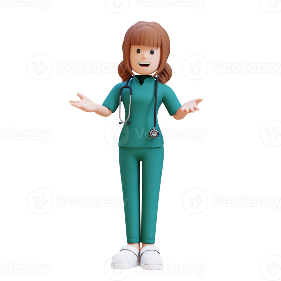 3D medical nurse doctor character in a white lab coat is giving a presentation png