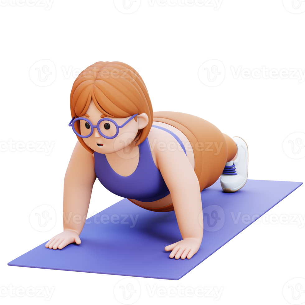 3D Plus Size Overweight woman Doing Push Ups on a Mat png