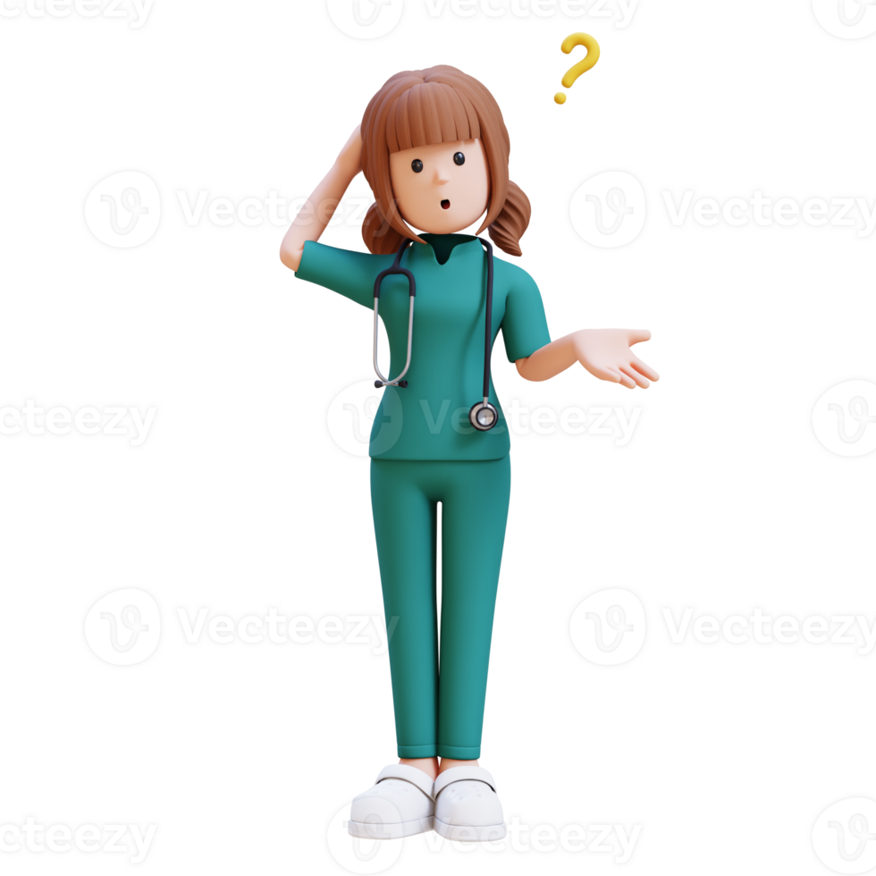3D medical nurse doctor character in a white lab coat is standing and confuse with question mark png