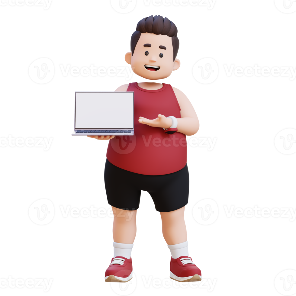 3D plus size overweight man Presenting Laptop png