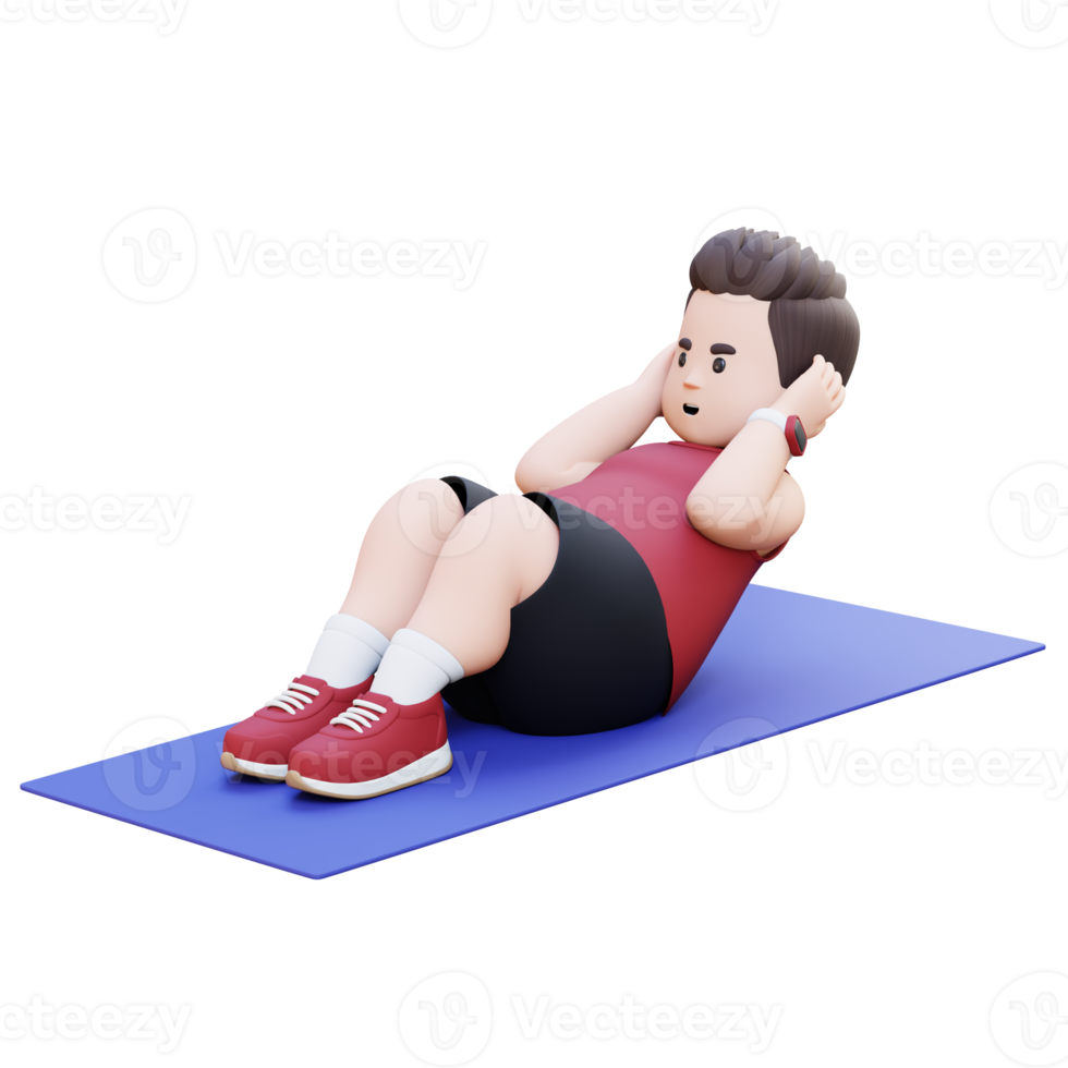 3D Plus Size Overweight Man Doing Sit Ups on a Mat png