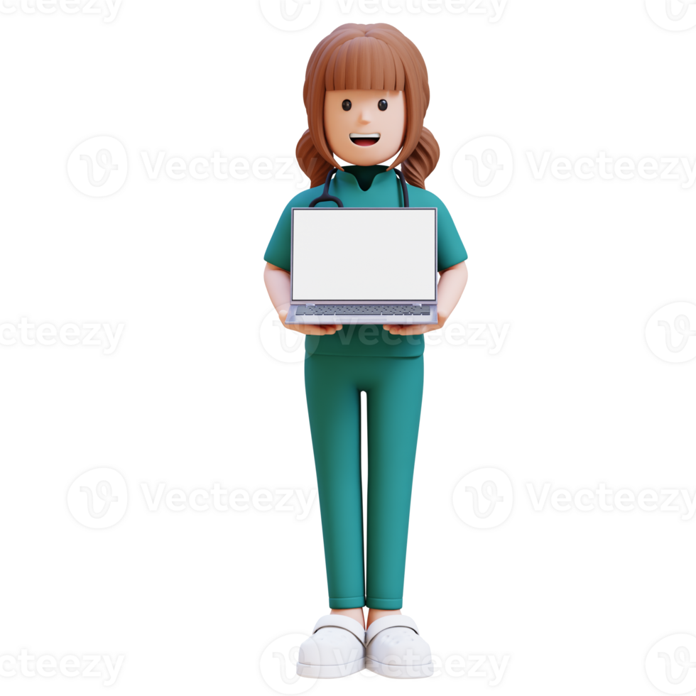 3D medical nurse doctor character holding a laptop with a white screen png