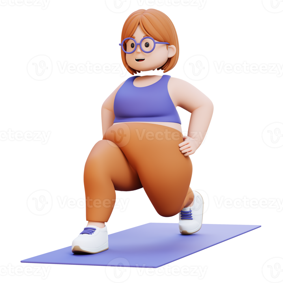3D Plus Size Overweight woman Dynamic Lunges Exercise on Yoga Mat png