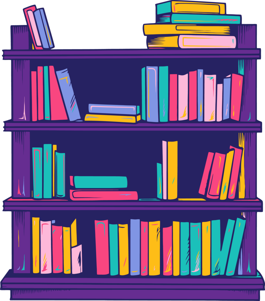 A book shelf with many books on it png