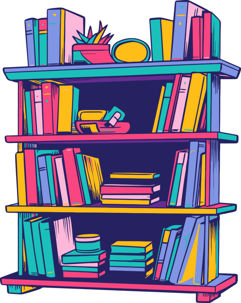 A colorful book shelf with books and other items png
