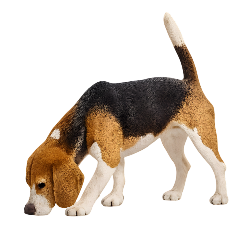 Beagle dog sniffing the ground outdoor park high-resolution photograph bright daylight side view canine exploration png