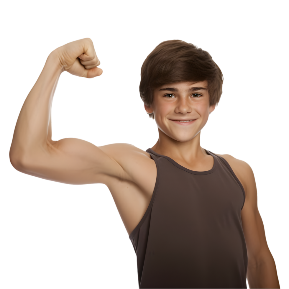 Teenage boy flexing muscles home gym realistic photo bright lighting close-up fitness motivation png