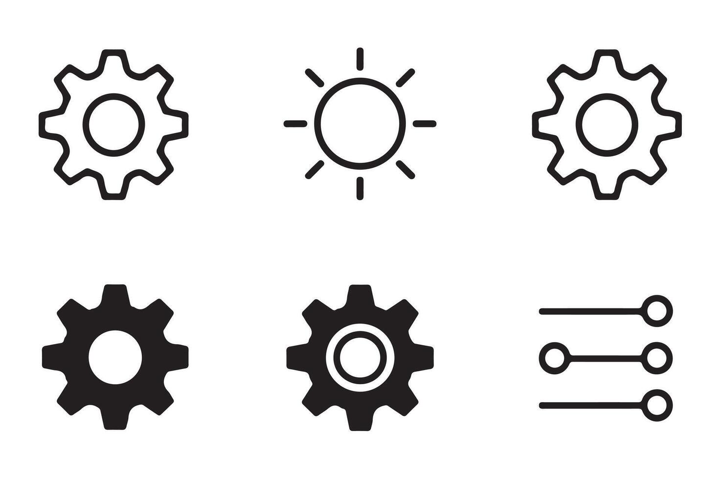 Collection of minimalist gear icon and settings symbol designs with simple black outline vector