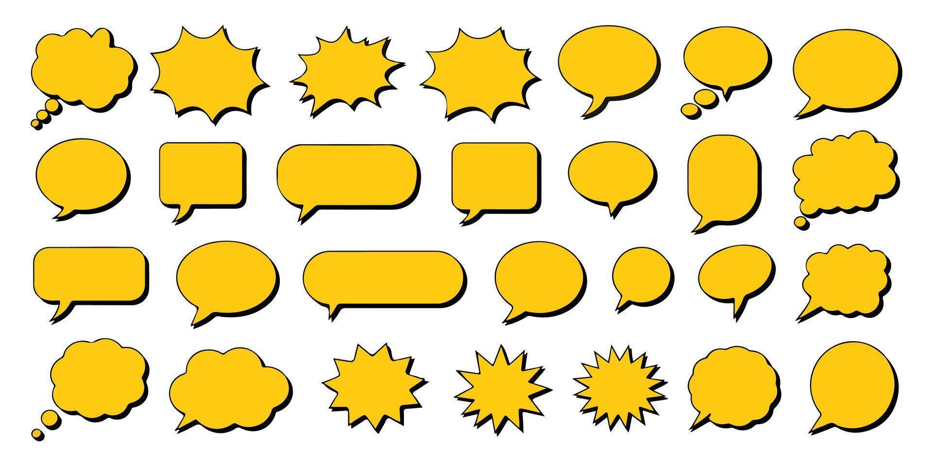 Collection of various yellow speech bubbles and dialog boxes for text and communication on white background vector