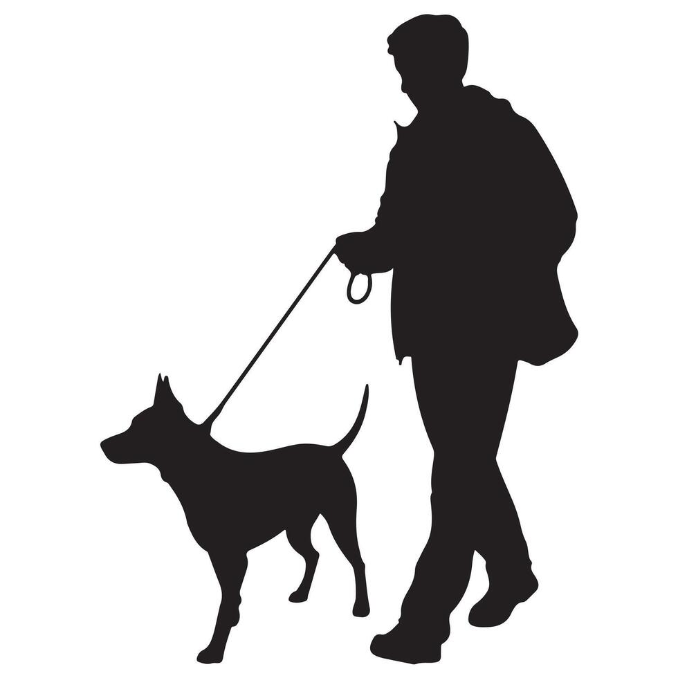 Silhouette of person walking a dog on a leash depicting daily exercise and pet ownership vector