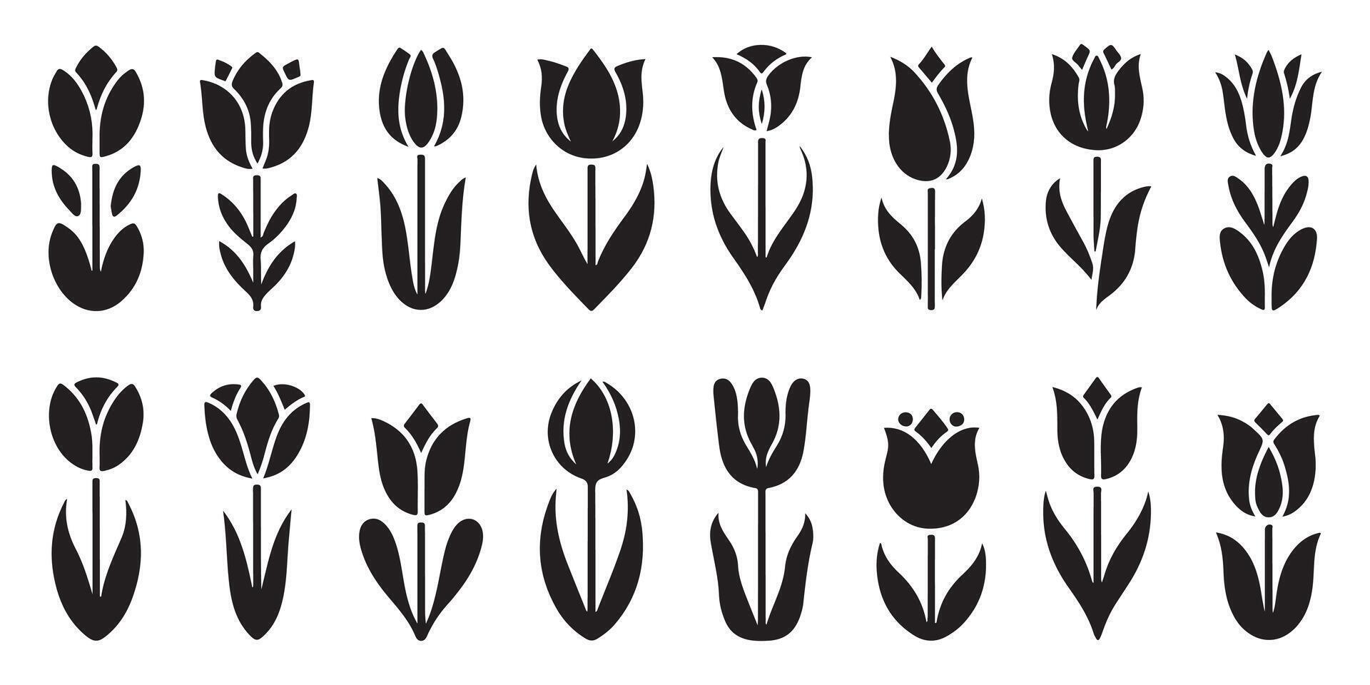 Elegant collection of minimalist black tulip flower silhouettes on white background designs vector