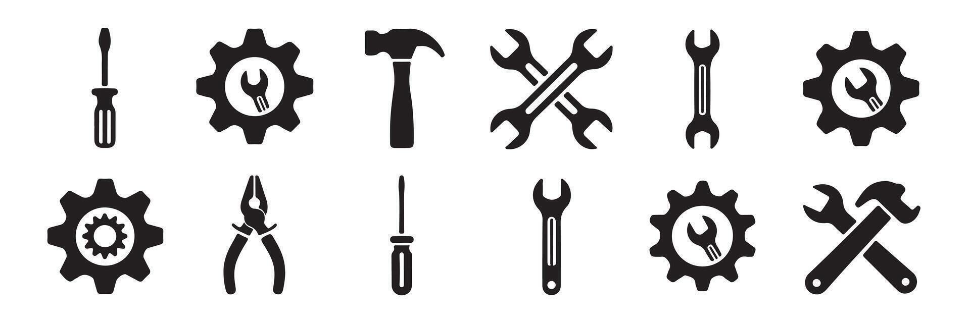 Set of monochrome tools icons for repair and maintenance purposes in engineering design vector