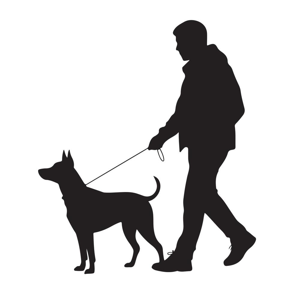 Silhouette of a person walking a dog on a leash isolated against a white background vector
