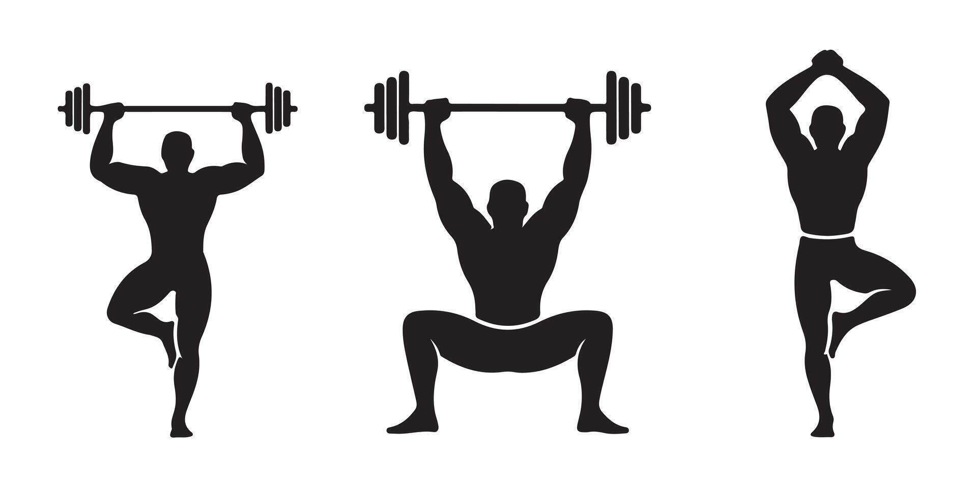 Silhouettes of weightlifting and yoga exercise poses vector