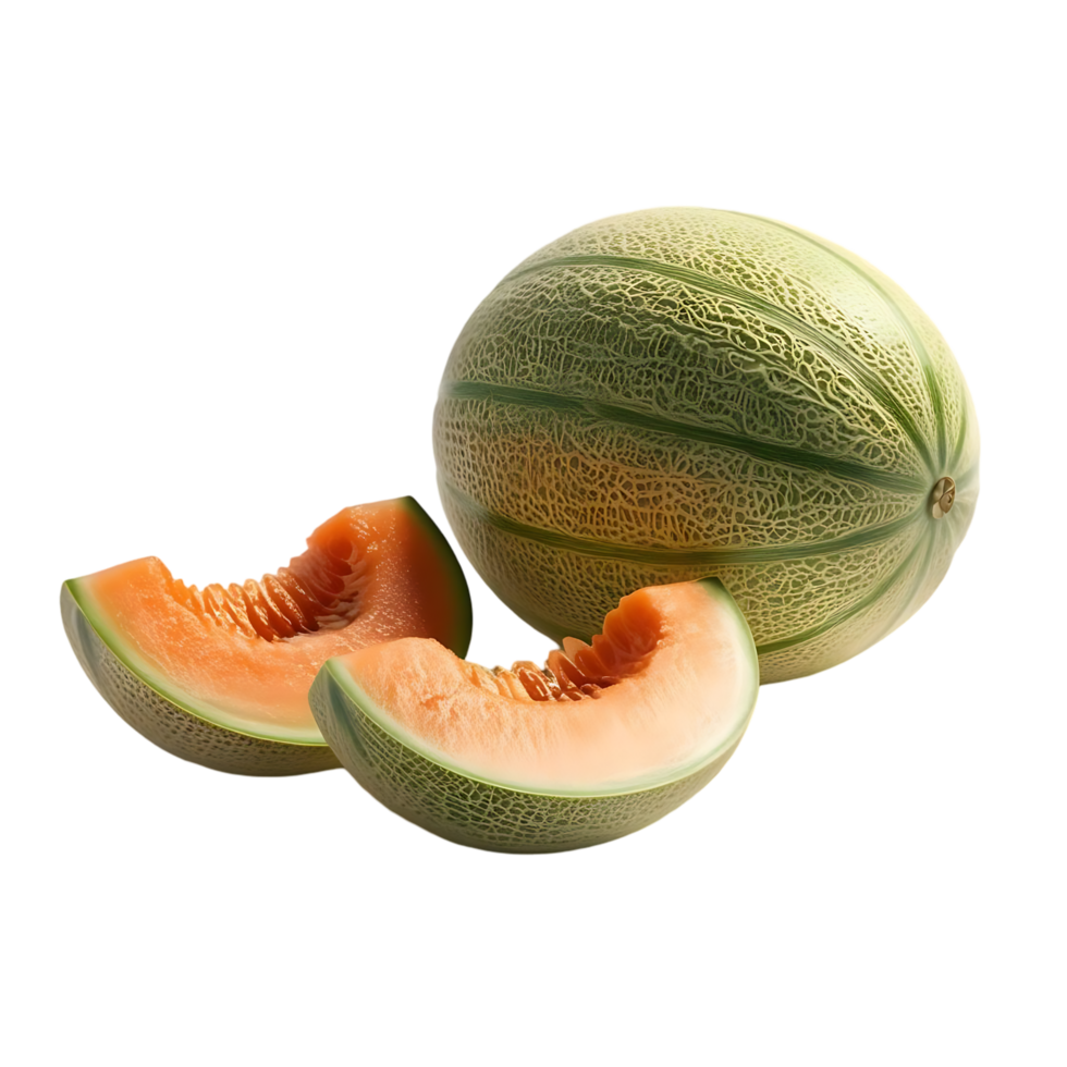 Whole Cantaloupe with Melon Slices on Transparent Background png