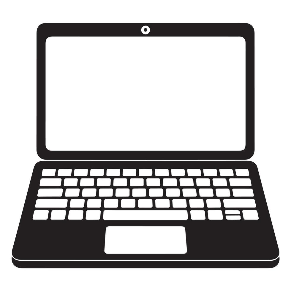 Black and white stylized laptop computer illustration with blank screen isolated on white background vector