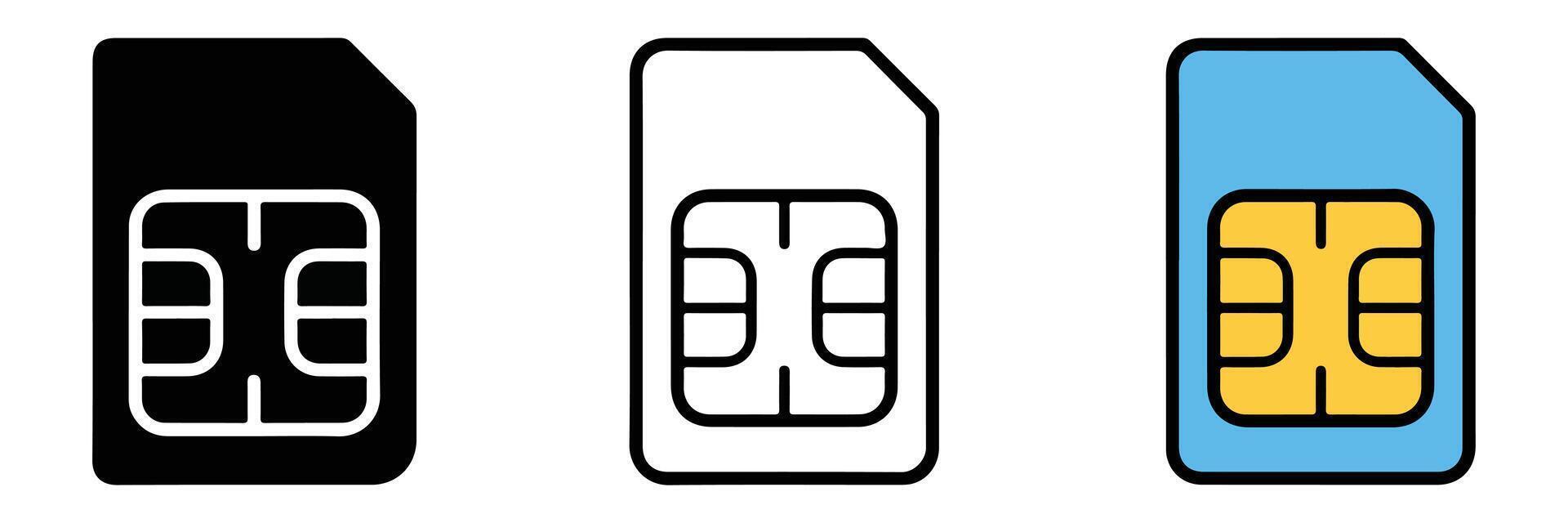Three simple illustrations of a sim card in black white and color vector