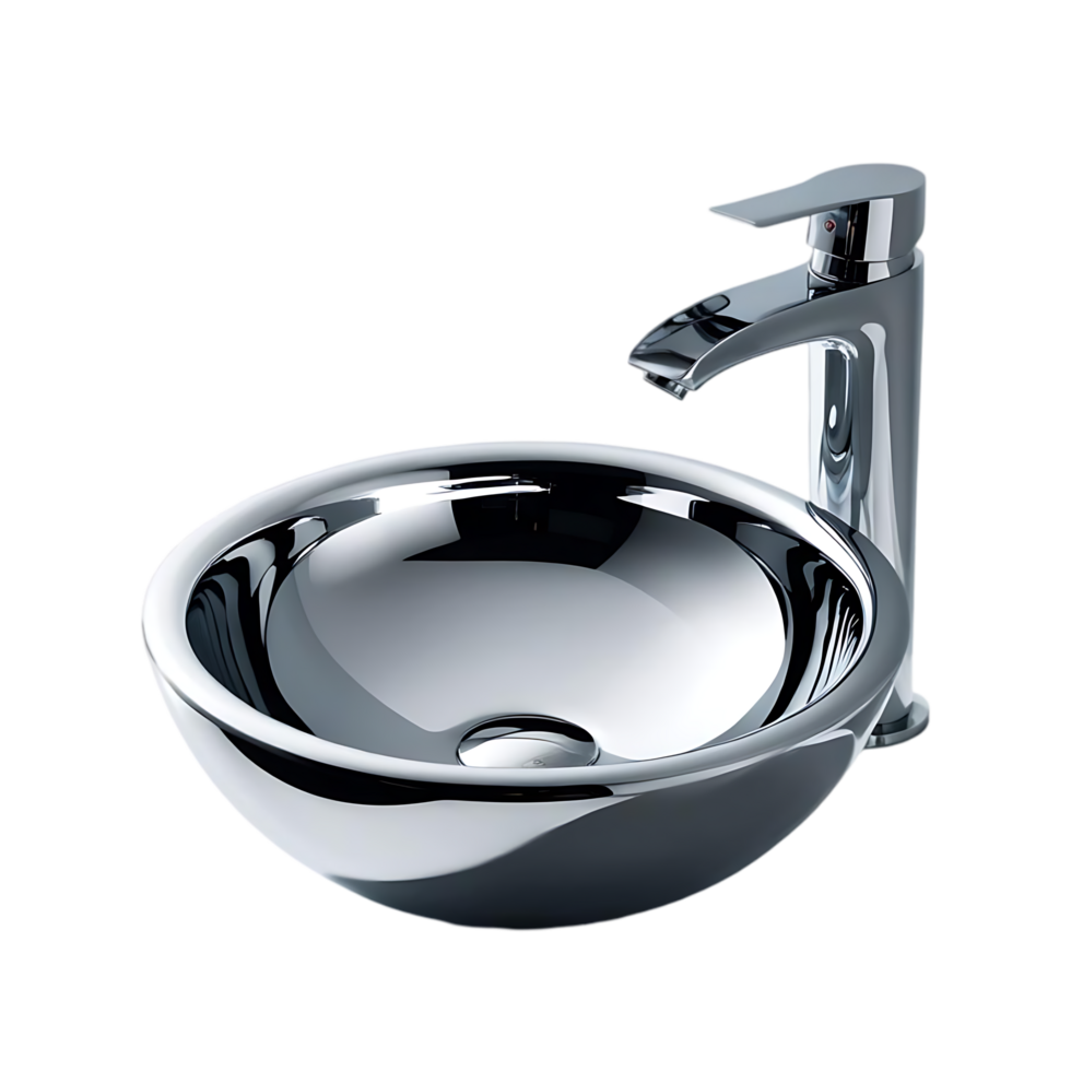 Modern Chrome Washbasin with Curved Bowl and Elegant Faucet Design png