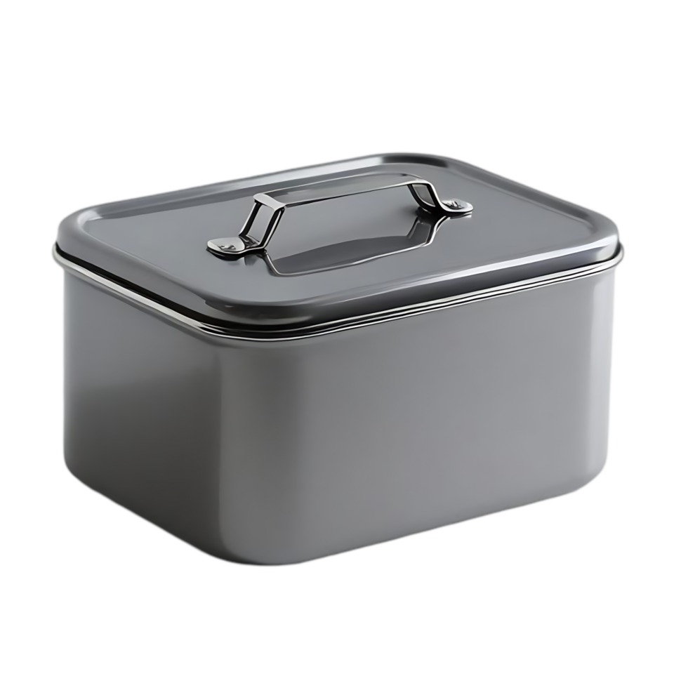 Gray Rectangular Storage Container with Metal Handle and Lid for Kitchen Use png